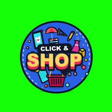 Animated falling tetris style ecommerce elements inside a circular badge with Click and Shop text on a green screen chroma key background for online retail discount marketing promo video