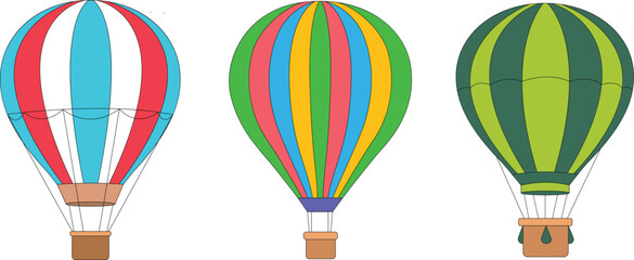 Colorful hot air balloon vector collection featuring modern striped designs, travel adventure, aviation and festival themes. Clean editable illustration set, perfect for posters, branding, education. © Sajjit
