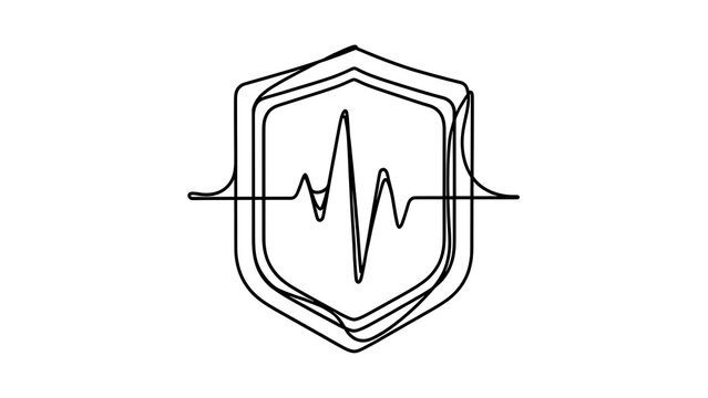 Shield with heartbeat line art white background.