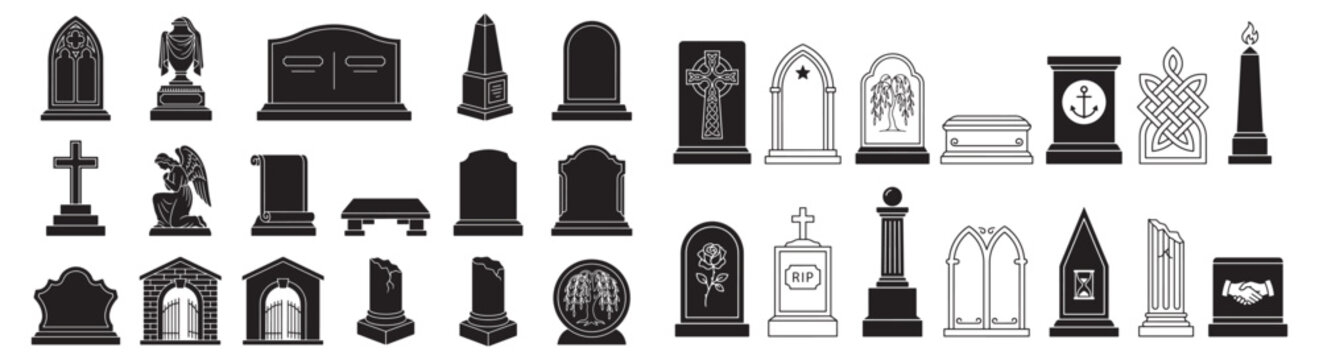 Set Of Cemetery Tombstone And Gravestone Icons: Memorial Headstone Silhouettes For Funeral Design 