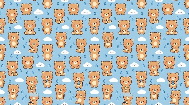 Seamless pattern of cute brown teddy bears with clouds and rain