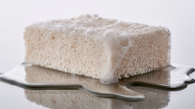 A water-dampened foam sponge swelling with shiny exterior and tiny liquid beads