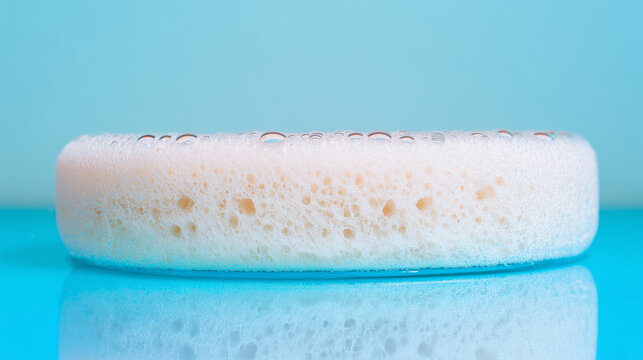 A water-dampened foam sponge swelling with shiny exterior and tiny liquid beads