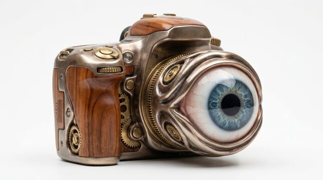 Vintage DSLR camera with realistic human eye lens. Retro photography equipment featuring detailed iris and pupil design for creative projects.