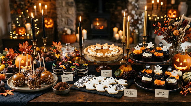 Halloween dessert table with autumn treats and spooky decorations. Festive buffet display featuring pumpkin desserts, candy, and gothic decor for s...