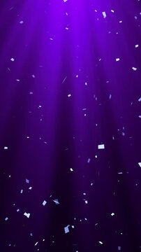 confetti rain falling on purple ligtht ray animation, abstract velvet sale and cosmetics beauty vertical social media motion background