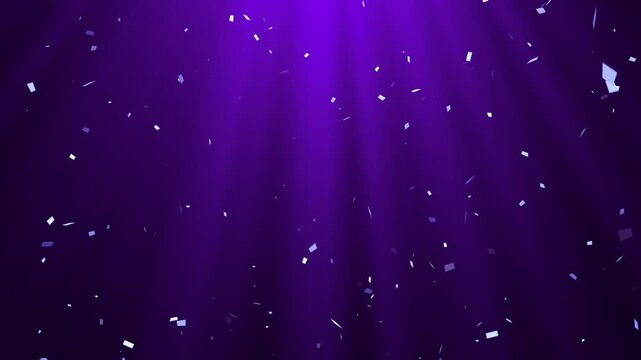 confetti rain falling on purple ligtht ray animation, abstract velvet sale and cosmetics beauty social media motion background