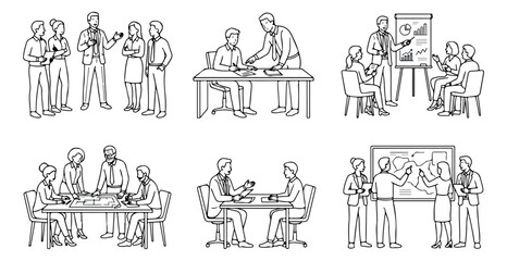 Obraz premium Minimalist business people line art vector set, corporate team meeting and office collaboration sketches, professional work group illustrations
