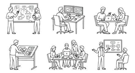 Obraz premium Minimalist business people line art set, professional office teamwork and collaboration icons, modern workspace character illustrations for corporate presentations