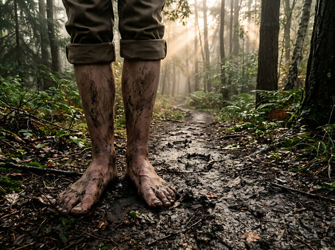 Close up of dirty barefoot person standing on a muddy forest trail in the morning.