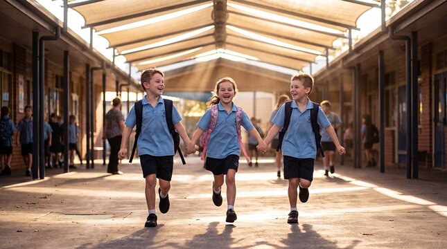 Happy schoolchildren in uniform holding hands running through sunlit school corridor for back to school lifestyle