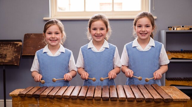 Smiling schoolgirls in uniform playing wooden xylophone together in music classroom for arts education
