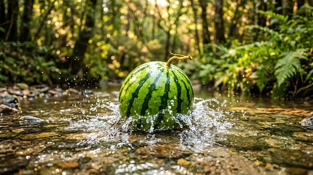 Watermelon splash in forest creek a refreshing summer scene with lush greenery and natural light