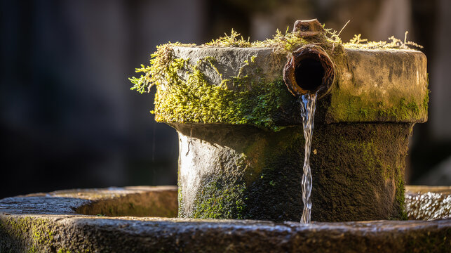 Artesian spring. Macro shot of an aged moss-covered stone well spout with running water pouring into a stone trough. 