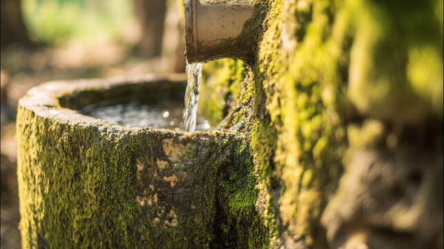 Artesian spring. Macro shot of an aged moss-covered stone well spout with running water pouring into a stone trough. 