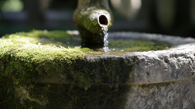Artesian spring. Macro shot of an aged moss-covered stone well spout with running water pouring into a stone trough. 