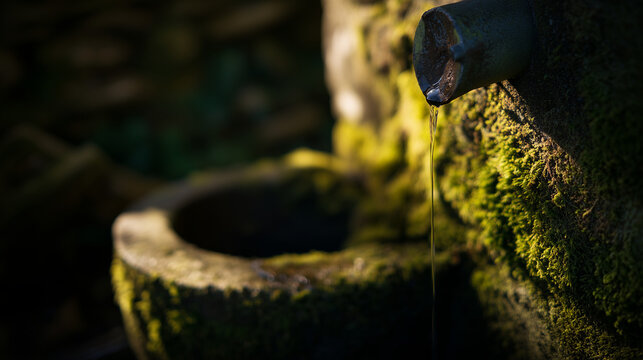 Artesian spring. Macro shot of an aged moss-covered stone well spout with running water pouring into a stone trough. 