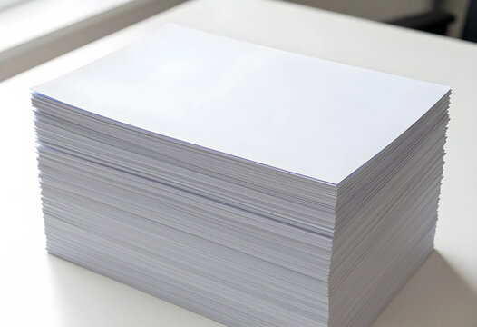Large stack of blank white paper sheets on a clean desk, office supplies and document organization