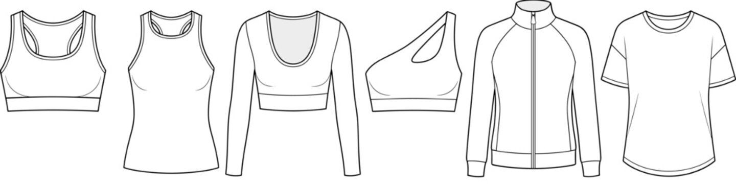 women sports bras and active tank tops with transparent background, fashion flat sketch vector illustration technical drawing template, cad mockup