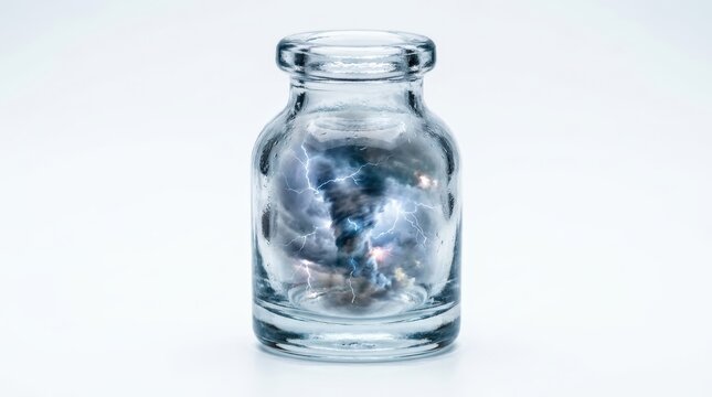 Glass bottle containing swirling storm clouds and lightning. Transparent jar with dynamic weather effects inside for creative design.