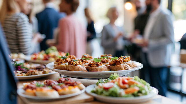Blurred image of business networking event with people mingling and food displayed representing professional corporate social gathering, catered event concept, photography,