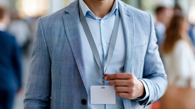Faceless young professional attending first industry networking event holding name badge and looking for conversation opportunities in crowded conference lobby, newcomer