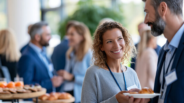 Wide shot of faceless business professionals mingling around food and beverage stations in bright contemporary event space with name badges visible and small groups in animated
