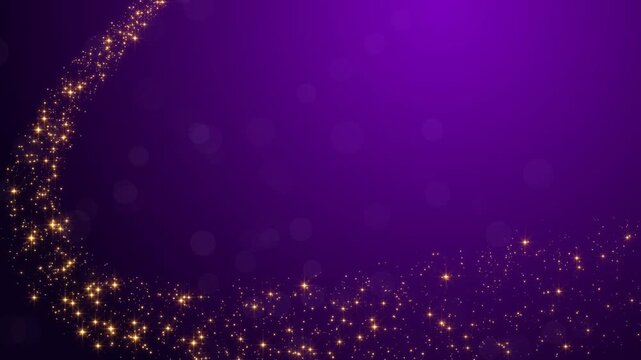 purple christmas background with golden glitter shiny stars and bokeh lights trail animation, holiday new year stream social media motion background