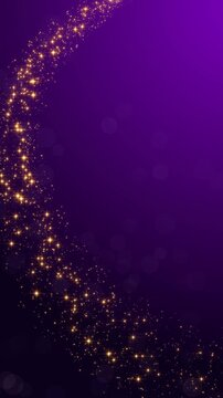 purple christmas background with golden glitter shiny stars and bokeh lights trail animation, holiday new year stream vertical social media motion background