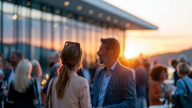 Faceless networking event at sunset with professionals mingling and shaking hands at outdoor event with modern glass building reflecting warm hues of setting sun in background,
