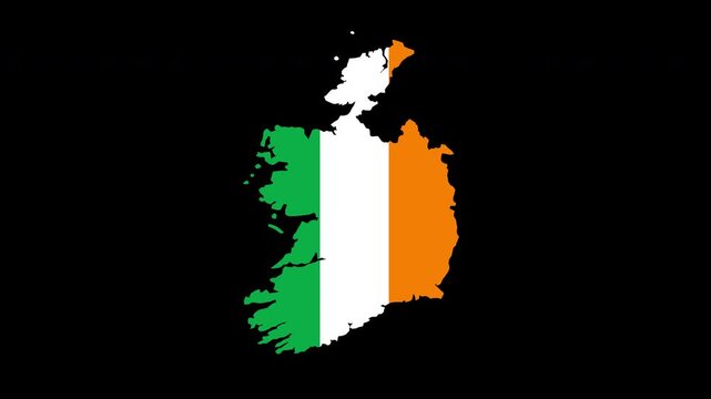 Ireland map pop animation with flag colors and black background