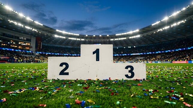 Victory podium with numbers one two and three on a soccer field after a championship game