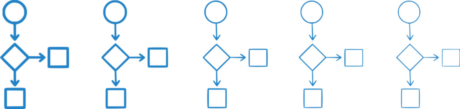 Flowchart algorithm and decision diagram vector line icon set with variable stroke weight for programming and workflow design