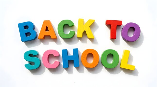 Colorful wooden letters spell 'back to school' on white surface educational concept