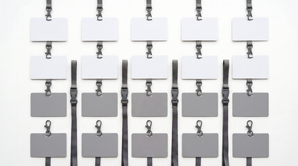 Obraz premium Blank Identification Badges and Name Tags Arranged in a Grid on a White Background