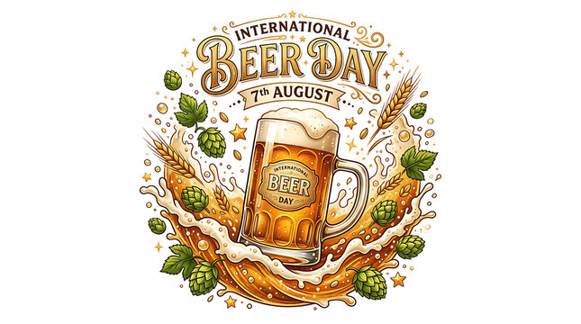 International Beer Day celebration illustration with golden lager mug. Festive frothy ale graphic for global brewing event promotions and pub marke...