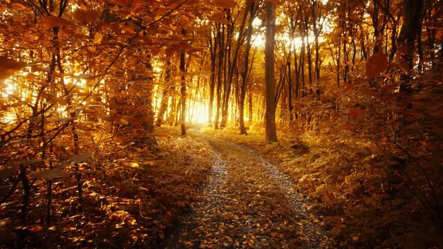 Golden autumn forest path with sunbeams, ethereal fall woodland landscape at sunset, glowing orange leaves in misty morning light
