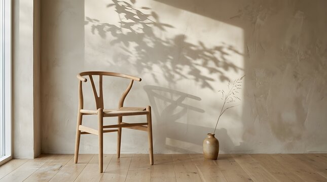 Minimalist interior with wishbone chair and botanical shadow play scandinavian design aesthetic