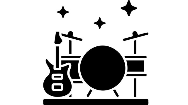 A flat vector icon featuring a drum set, electric guitar, cymbals, and musical elements. Perfect for music education, band logos, concert promotions, entertainment websites,and creative design project