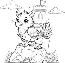 Cute baby griffin coloring page, mythical creature standing on a rock with castle background, fantasy griffin line art for children activity book