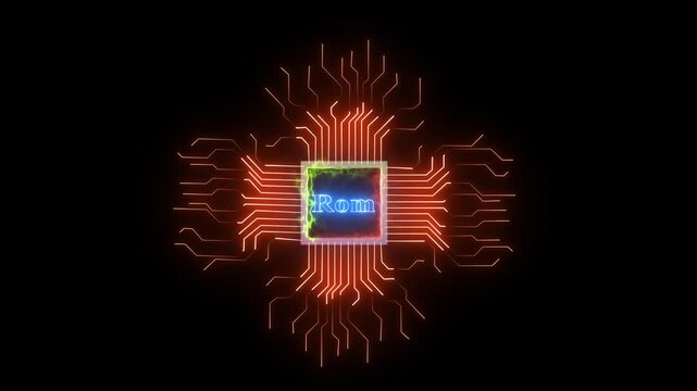 Read Only Memory Chip R O M Microchip Circuit Board Technology Background with Glowing Blue Lines and Microprocessor