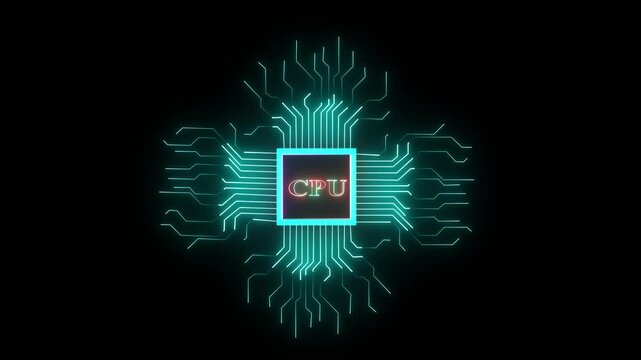 Technology multicolor CPU circuit board background. Computer motherboard with cpu icon , CPU text and circuit lines icon animation .