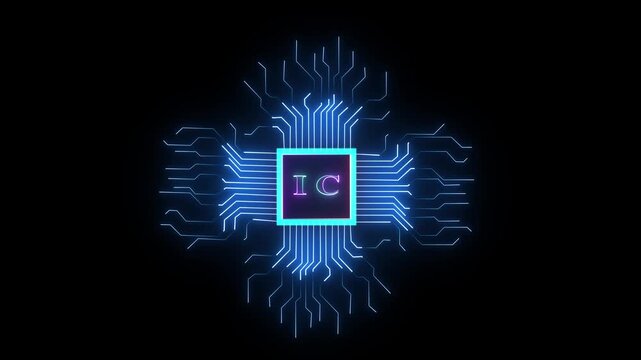 A vibrant neon microchip integrated into a complex digital circuit board, symbolizing high-tech electronics and computing.