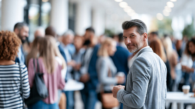 Blurred networking event attendees with background blurred to emphasize interactions during professional social gathering, networking dynamics concept, event photography, blurred