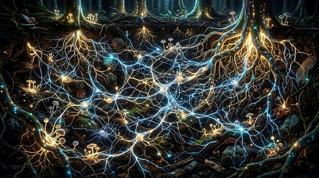 Glowing underground network of tree roots and fungal mycelium