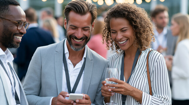 Faceless three professionals with conference lanyards laughing together while looking at phone at networking reception with crowded room of attendees mingling and holding drinks,