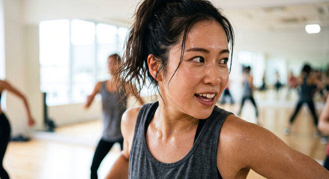 Happy Asian woman sweating and participating in a group dance fitness class at a bright studio