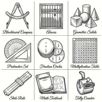 Educational math tools and instruments illustrated in black and white  