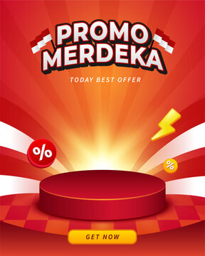 Indonesia Independence Day Promo Banner with Red Podium Sunburst and Patriotic Background