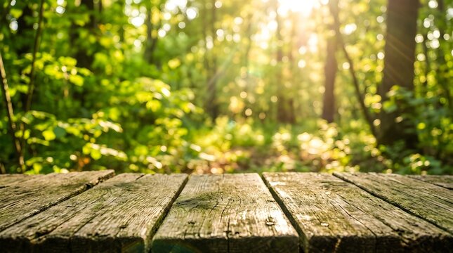 Sunlit forest tabletop a rustic wooden surface with a lush green woodland backdrop